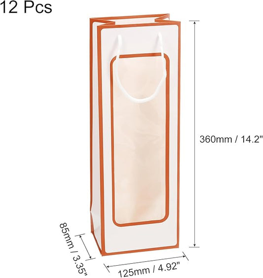 uxcell Wine Bags, 12pcs 4.92"x3.35"x14.2" Wine Gift Bags with Rope Handles, Paper Wine Tote Bag with Clear Window for Wedding Birthday Christmas Party Supplies, White Orange