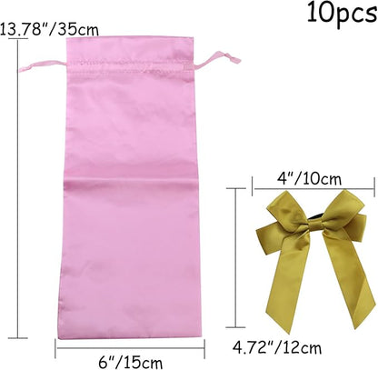 HEVSTIL 10Pcs Satin Wine Bags Wine Gift Bags with Decorative Bows,Wine Bottle Bags Reusable Wine Bottle Covers for Christmas, Wedding, Birthday, Travel, Holiday Party,Housewarming Gifts,Pink