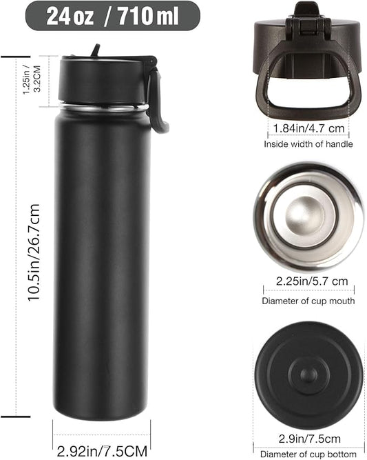 Volhoply 24oz Insulated Water Bottle With Straw Bulk 6 Pack,Metal Wide Mouth Water Bottles With Handle Lid Keep Cold,Reusable Double Wall Thermos,Powder Coated Sport Bottle For Holder(Black,6 Count)