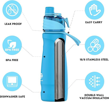Misting Water Bottle, 24oz Insulated Water Bottle, 2-in-1 Mist & Sip Stainless Steel Water Bottles, Thermo for Hot Drinks/Cold Drinks, Sports Water Bottle for Hiking, Running, Gym, Lake Blue