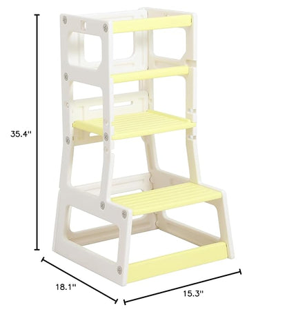 SDADI Mother's Helper Adjustable Height Plastic Kitchen Step Stool for Children, Kids Toddlers Counter Level Learning Stool for Kitchen & Bathroom, Beige and Yellow