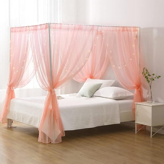 Canopy Bed Curtains Twin, Chiffon Princess Bed Canopy, Bed Drapes for Girls Room Adults(Pink)