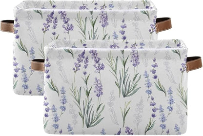 Lavender Flowers Storage Basket Fabric Storage Bin Laundry Baskets, Leaves Green Purple Foldable Storage Boxes Organizer Bag for Baby Cloth Dog Toy Book Storage Cubes Shelf Closet Basket 16×12×8