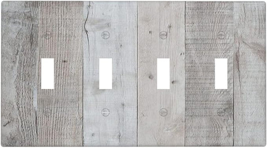 Rustic Grey Wood Shiplap Quad Toggle Light Switch Cover Decorative Vintage Country 4 Gang Wall Plate Electrical Faceplate Switchplate for Farmhouse Bathroom Bedroom Living Room Decor
