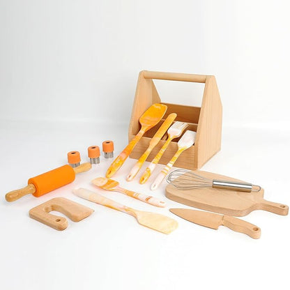 G.a HOMEFAVOR Kids Cooking & Baking Set: 16 Pcs Little Chef Cooking Utensils Kitchen Set with Gourmet Cooking Box, Foldable Chef Hat Apron, Gifts for Girls Boys Juniors(Orange)