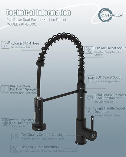 Kitchen Faucet, Black Kitchen Sink Faucets with Pull Down Sprayer, Single Handle Stainless Steel Faucets for Kitchen Sinks, Dual Function Spray Head, Farmhouse Kitchen Faucets