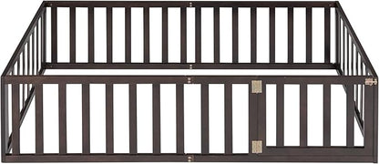 Twin Size Floor Bed with Fence, Solid Wood Floor Bed Frame for Kids with Door, Twin Platform Bed for Boys and Girls Kids Teens, Fun Design Multifunctional Floor Bed, for Children Bedroom