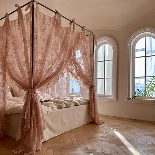 Elegant Lace Princess 4 Corner Post Mosquito Net Romantic for Girls Women Bed Curtain Canopy for Adult Wedding Bedroom Kids Rooms Decoration (Color-B, King)