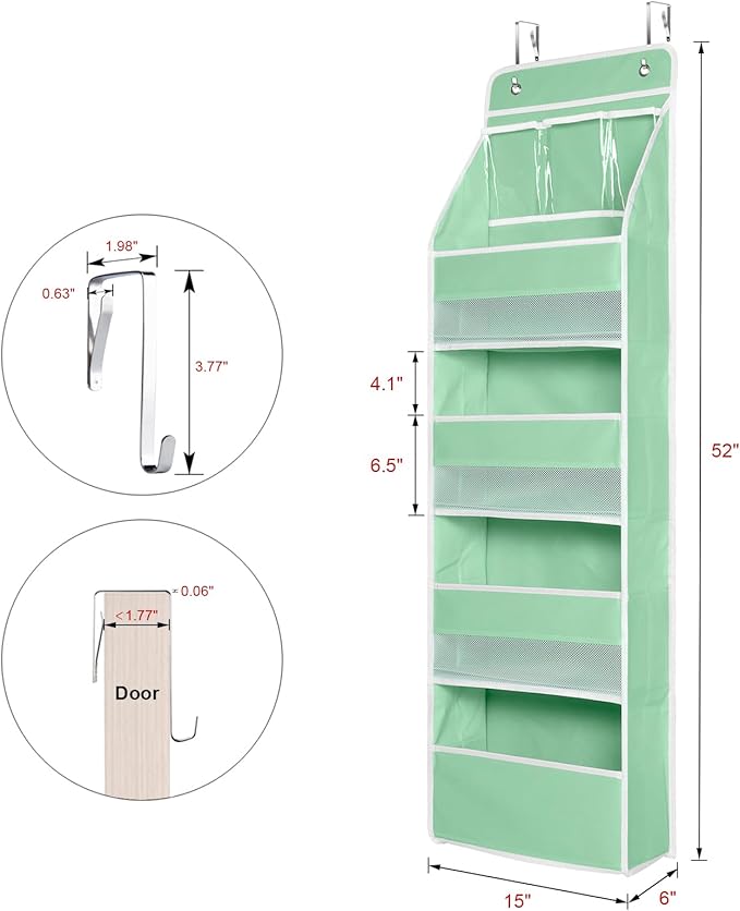 Univivi Over Door Organizer Baby Door Storage Wall Mount Storage with 3 Small PVC Pockets and 4 Large Pockets Ideal for Baby Stuff, Toiletries and Sundries (Green)