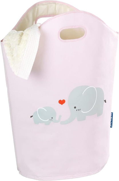 WENKO Kids Laundry Hamper, Baby Hamper for Nursery, Baby Basket for Dirty Clothes, Elephant Nursery Hamper, Toy Basket with Handles, Pink Laundry Bin, 15.7 x 20.5 x 7.9 inch