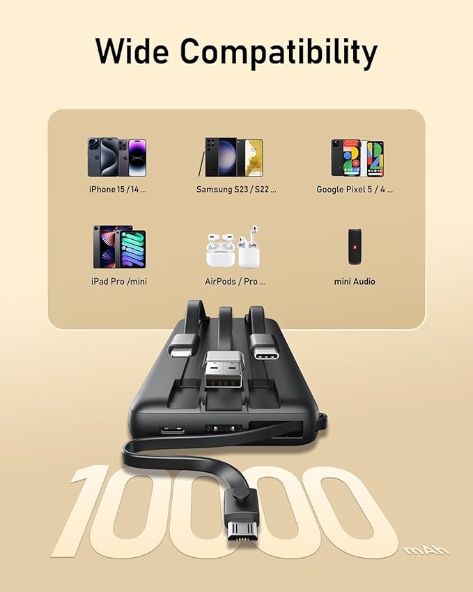 VEEKTOMX Portable Charger with Built-in Cables, 10000mAh Power Bank for iPhone, Slim Fast Charge USB C Battery Pack, Travel Essentials Powerbank Compatible with iPhone 15/14/13, Samsung, Android, etc