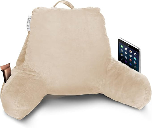 Nestl Reading Pillow for Kids, Small Bed Pillow, Back Pillow for Sitting in Bed, Memory Foam Chair Pillow, Reading & Bed Rest Pillows, Beige Cream Back Pillow for Bed, Arm Pillow with Pockets
