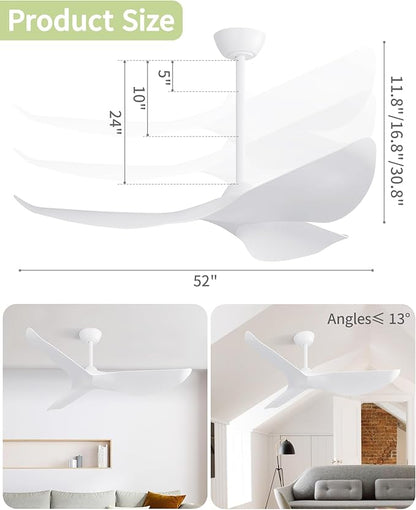 CACI Mall Ceiling Fans without Lights - 52-Inch Flush Mount Ceiling Fan with 6 Speeds, 3 Timer Remote, Quiet Reversible DC Motor, and 5"/10"/25" Replacement Downrods (White ABS Blades)