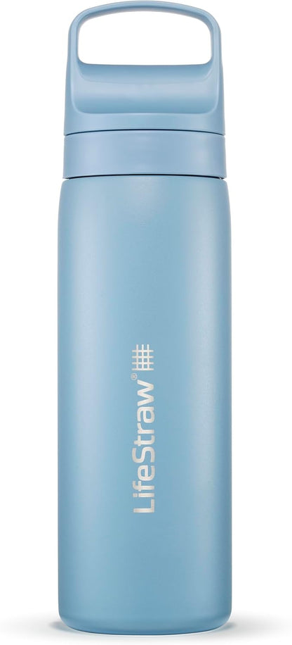 LifeStraw Go Series – Double Wall BPA-Free Vacuum Insulated 18 oz Stainless Steel Water Filter Bottle for travel and everyday use; Icelandic Blue