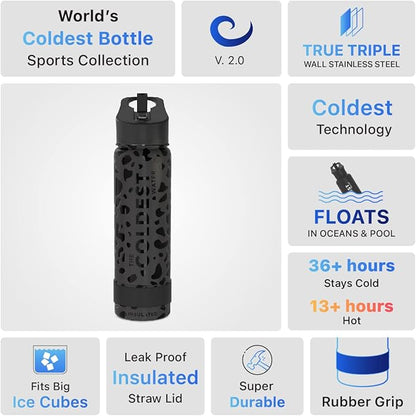 Coldest Sports Water Bottle with Straw Lid Vacuum Insulated Stainless Steel Metal Thermos Bottles Reusable Leak Proof Flask for Sports Gym (24 oz, Black Leopard)