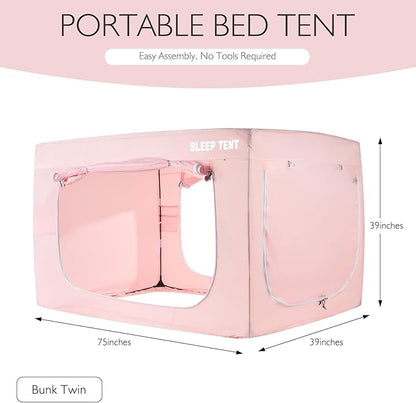 BORNA Bed Tent Bunk Twin Bed Canopy for Indoor Portable Light Reducing Sleeping Canopy for Kids and Adult,Bunk Blackout Tents Breathable Privacy Space Tent Mosquito Netting for Bed(Macaron Pink)