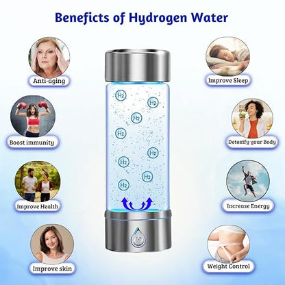 Hydrogen Water Bottle - Ionized Water Machine - Portable, Rechargeable, 450 ml with SPE/PEM Technology - Hydrogen Rich Water, 1600 PPB in 3 Minutes of Quick Electrolysis