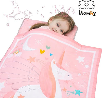 UOMNY Toddler Nap Mat - 1 Pack Girls Sleeping Bag with Removable Pillow - Unicorn 50x20 Inch Kids Preschool Nap Sack with Pillow Pink Girls Napper Nap Mats for Daycare Napping Bag for Girls
