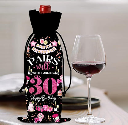 30th Birthday Gifts for Her Women Men Wine Bag, 30 Year Old Birthday Gifts for Women Men, Happy 30th Birthday Party Decorations for Her Him, Pairs Well with Turning 30 Wine Bags (Black Pink)