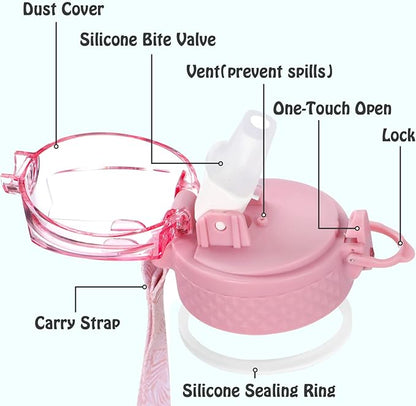 OLDLEY Replacement Straw Lid for 15 oz Water Bottle, Leakproof Spillproof Dustproof One-Click Open Cap with Carry Strap