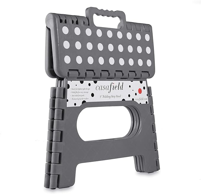 Casafield 9" Folding Step Stool with Handle, Gray - Portable Collapsible Small Plastic Foot Stool for Kids and Adults - Use in The Kitchen, Bathroom and Bedroom