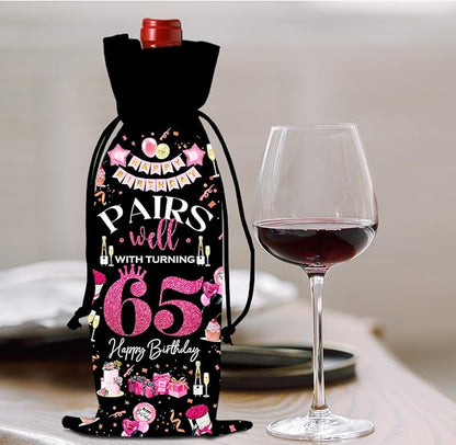 65th Birthday Gifts for Women Men Wine Bag, 65 Year Old Birthday Gifts for Women, 65th Birthday Party Decorations for Women Men, Pairs Well with Turning 65 Wine Bags (Black Pink)