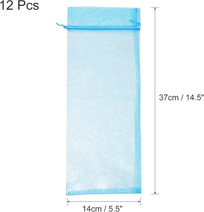 uxcell Organza Wine Bags, 12PCS 14.5 x 5.5 In Light Blue Sheer Mesh Organza Wine Wrapping Bags With Drawstring Wine Gift Pouches for Bottle Birthday, Wedding Party