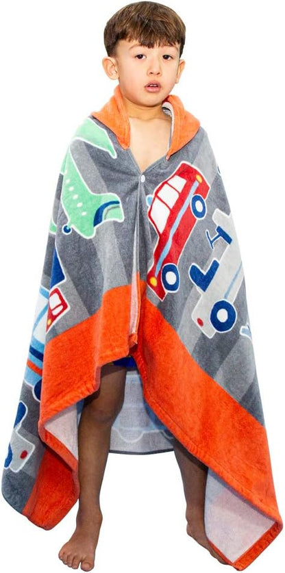 Wowelife Hooded Bath Towels Helicopter, 100% Cotton Kids Bath Towel for Boys Airplane,Truck and Taxi, Ultra Soft and Super Absorbent 30 x 60 Inch(Included Hooded)(Grey Vehicle)