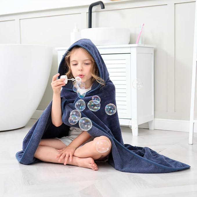 Hiturbo Kids Hooded Bath Towel: 100% Cotton Soft Thick Absorbent Towels Wrap - 50"x30" Shower Beach Pool Wearable Blanket for 3-12 Yrs Boys Girls - Navy Blue