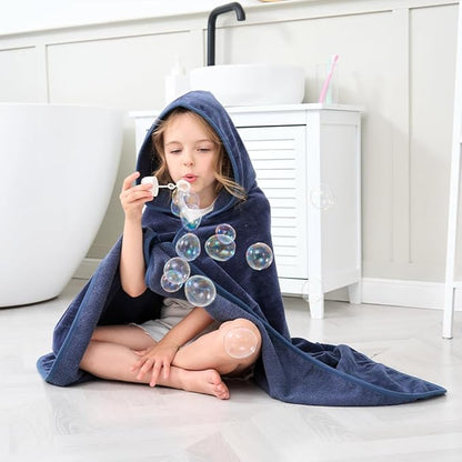 Hiturbo Kids Hooded Bath Towel: 100% Cotton Soft Thick Absorbent Towels Wrap - 50"x30" Shower Beach Pool Wearable Blanket for 3-12 Yrs Boys Girls - Navy Blue