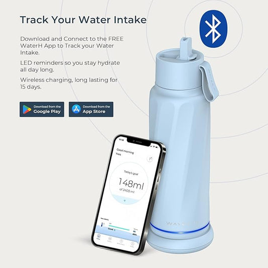 Insulated Smart Water Bottles with Straw, Intake Tracker, Water Safety Analyzer, LED Reminder, BPA Free, 18 oz Double Wall Vacuum Stainless Steel Thermos (Flip Lid + Straw, Ivory White)