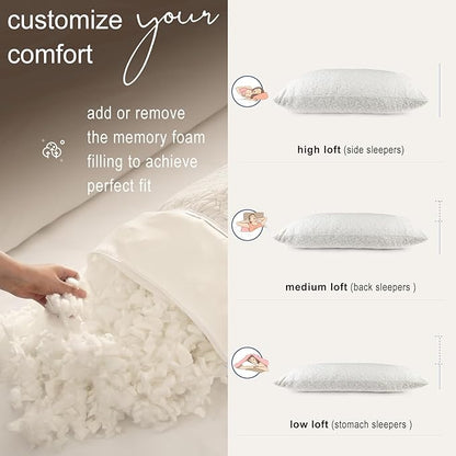 Memory Foam Pillows King Size Set of 2, Adjustable Bed Pillows for Sleeping, Shredded Memory Foam Pillows for Side Back Stomach Sleepers, 20 x 36 in