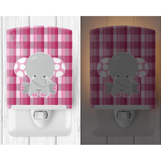 Caroline's Treasures BB6952CNL Elephant Pink Gingham Ceramic Night Light Compact, UL-Certified, Ideal for Bedroom, Bathroom, Nursery, Hallway, Kitchen, 6x4x3, Multicolor