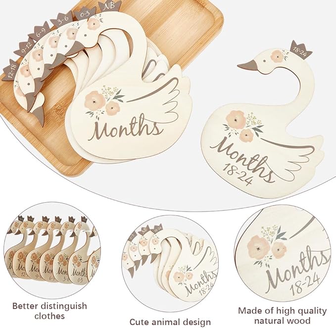 CRASPIRE 8Pcs Wooden Baby Wardrobe Dividers Swan Nursery Decor from Newborn to 24 Month Hanger Seperaters Baby Closet Organizers Nursery Infant Wardrobe Hangers Divider for Newborn Shower
