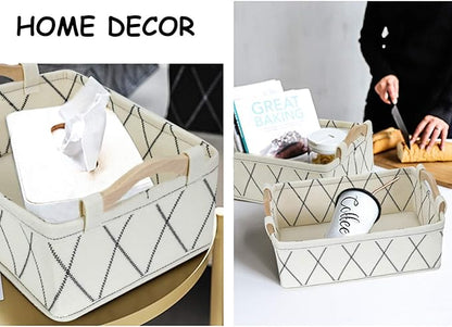 Small Storage Baskets Toy Storage Organizer Rectangle Basket Empty Gift Baskets Shelf Baskets Decorative Storage Basket With Wooden Handles for Keys Makeups Remotes Books