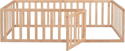 Twin Size Floor Bedframe with Door and Safety Guardrails Fence, Solid Wooden Toddler Montessori Platform Bed for Children Bedroom, Boys Girls, Kids Playroom
