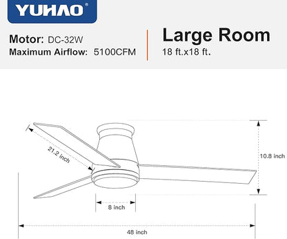NicBex Ceiling Fan 48 Inch Modern Ceiling Fans with Integrated LED Light and Remote Control Flush Mount Ceiling Fan with 3 Blades for Living Room, Bedroom, Black