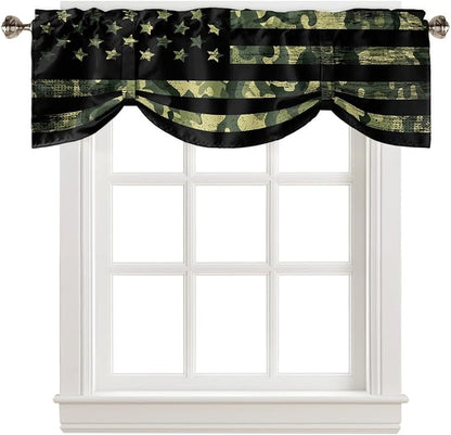 Rustic Green Camo Military Pattern American Flag Blackout Tie Up Valance Curtains for Kitchen Windows Camouflage Window Toppers Balloon Shades for Living Room/Bathroom/Bedroom,1 Panel,42" X 18"