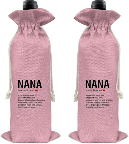 HOIJAUMAI Nana Gifts Grandma Gift Nana Definition Wine Bag Grandma Wine Gift Bags for Birthday Mother's Day (Pink)