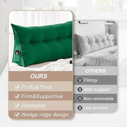 Large Triangular Headboard Pillows Long Backrest Positioning Support Bolster Cushion for Daybed Fluffy Quality Plush Body Wedge Pillow with Removable Cover(Dark green-24x8x20in)