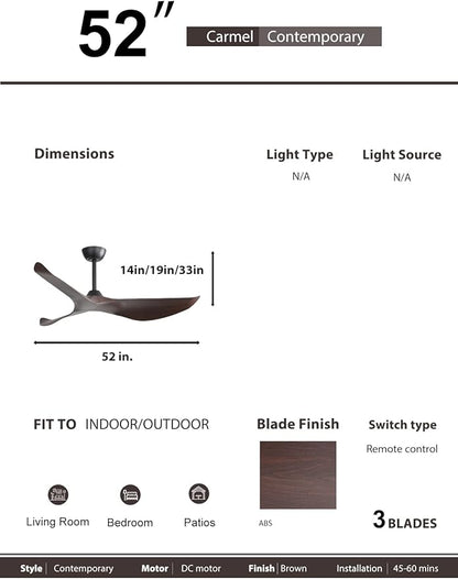 Sofucor 52" Ceiling Fan no Light and Remote Control, Modern Ceiling Fan Without Light, Indoor Outdoor Ceiling Fan with Reversible Motor, 6 Speeds, Brown