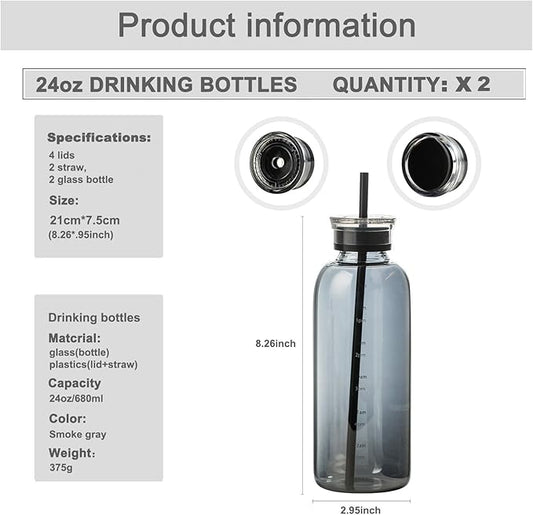 Glass water bottle With Time Marker -24oz with 2 caps and straw,Reusable Glass Drinking Bottles，Suitable For Drinks, Juices, Sodas, Coke, As Gifts Etc (Smoky 24oz*2pcs)