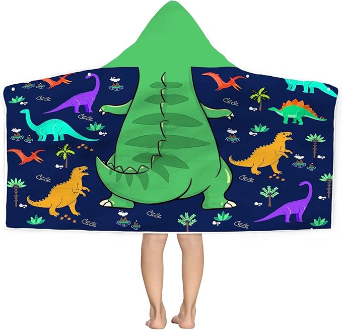 Dinosaur Beach Towel, Dinosaur Towel for Kids with Hood T-rex Hooded Towel for Boys 30x50 Cool Cartoon Microfiber Bath Towel Poncho Bathrobe for Swin Pool Cover Up, Green Blue Dinosaur Birthday Gifts