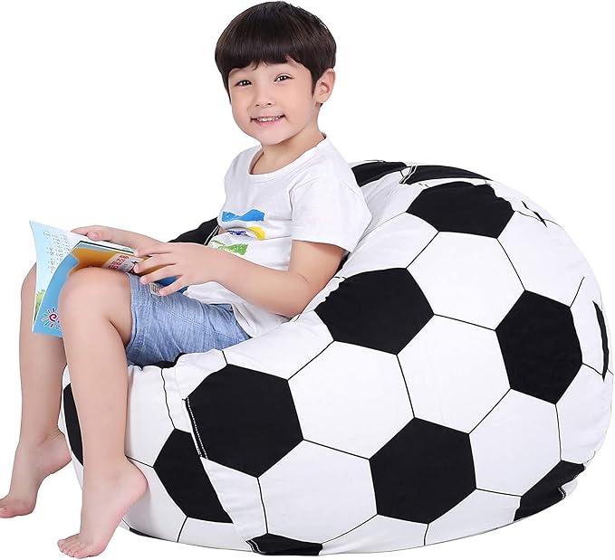 Lukeight Stuffed Animal Storage Bean Bag Chair Cover for Kids, Soccer Zipper Beanbag Chair Cover for Organizing Toddler and Kids' Rooms Plush Toys (Soccer Velvet, Large)