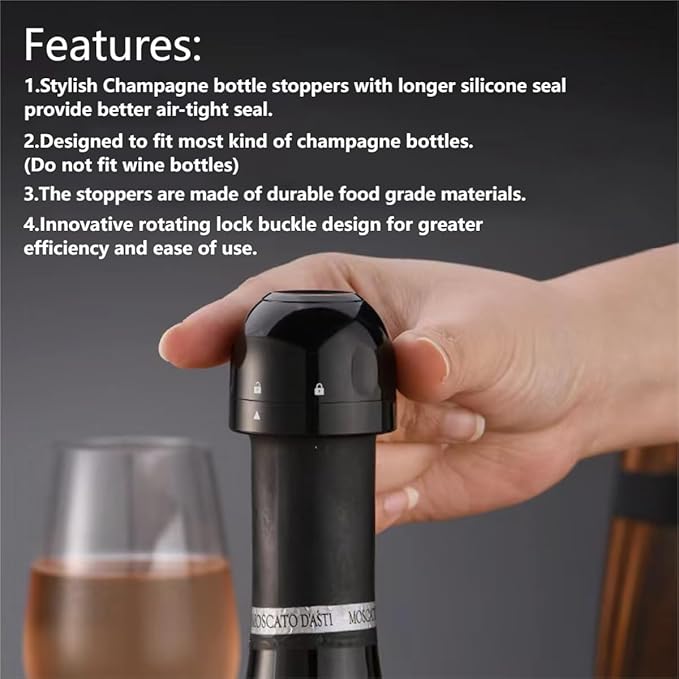 Champagne Bottle Stopper, Reusable Leakproof Champagne Sealer, Champagne Stopper for Wine Prosecco Champagne Sparkling, Black