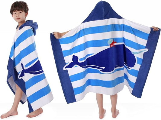 BANGSAUR Kids Hooded Beach Bath Towels, 100% Cotton 50"x30" Wrap Blanket, Toddlers Boys 3-12 Years Coverup Towel Blue Whale