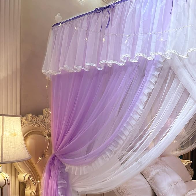 Mengersi Canopy Bed Curtains with Lights,4 Corner Bed Canopy Royal Luxurious Bed Drapes Netting,Princess Bed Curtains for Girls Adults Bedroom Decoration (Purple, Twin)