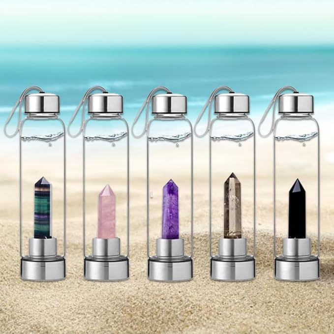 Crystal Glass Water Bottle,Water Bottle With Gemstone Center Crystal Elixir Bottle,Removable Gemstones Water Cup Crystal Column Magic Wand Energy Cup for Gifts (F-Elongated Stone)