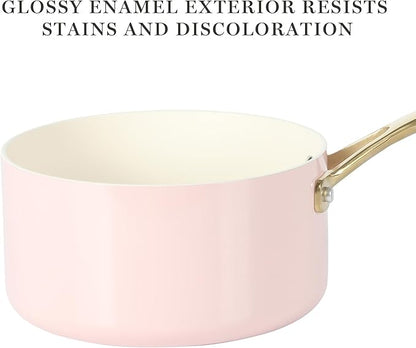 Martha Stewart Galway Premium Nonstick PFA Free Ceramic Interior 10 Piece Heavy Gauge Enamel Aluminum Pots and Pans Cookware Set W/Aluminum Lids - Pink W/Gold Handle