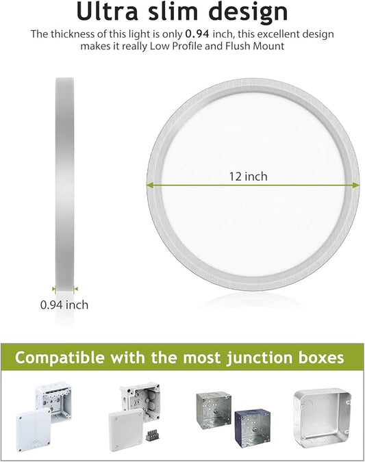 hepside 2PACK Flush Mount LED Ceiling Light Fixture Brushed Nickel, 12Inch 28W, Dimmable 3000K-4500K-6000K 3 Color Selectable Ceiling Lamp 3200LM Low Profile Ceiling Light for Kitchen Bedroom Hallway
